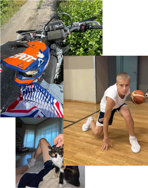Collage of images displaying cat, motorcycle and basketball