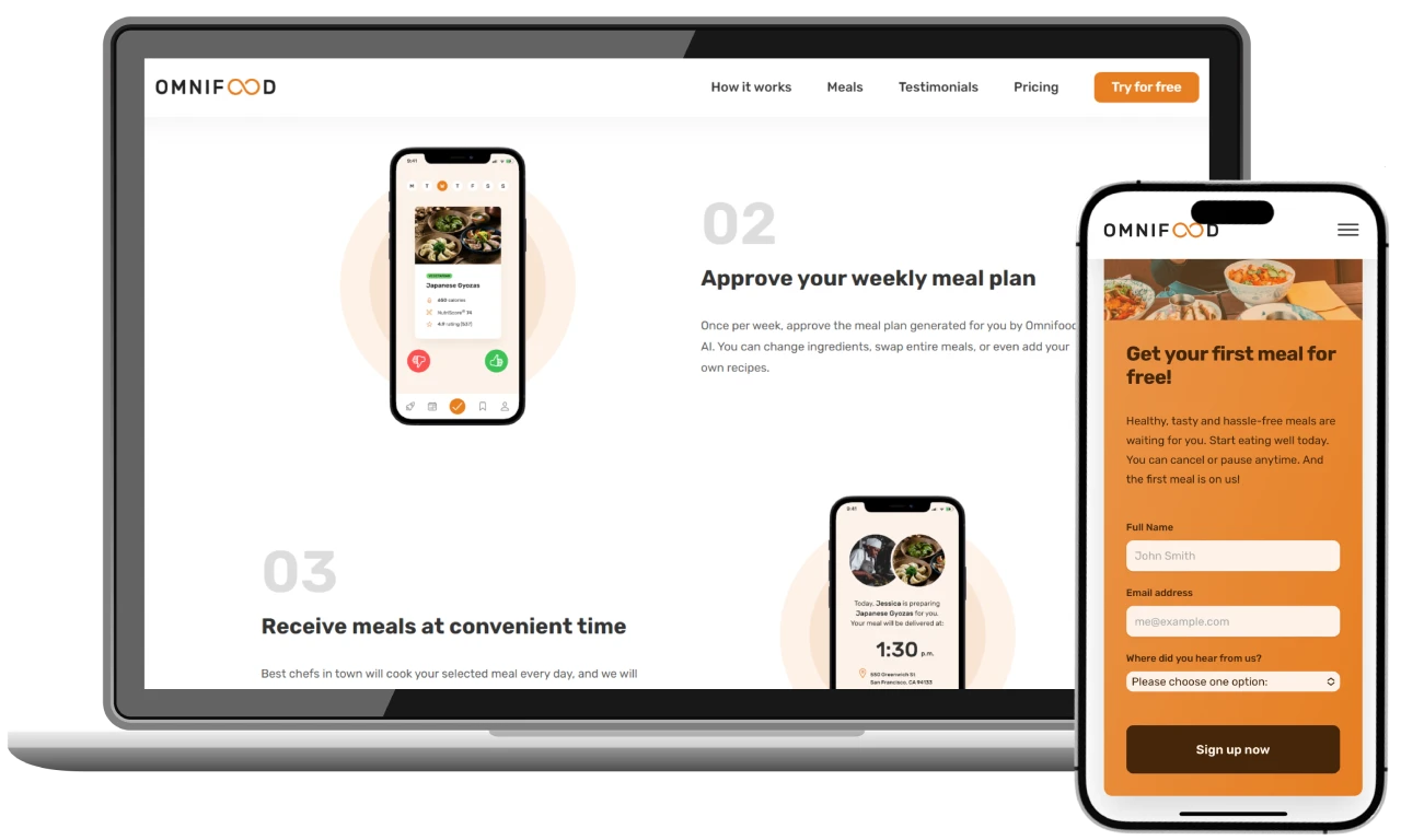 Omnifood Website preview on laptop and phone devices